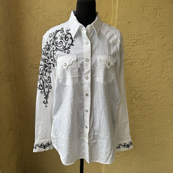 Brooks & Dunn Panhandle Slim Western Blouse XL White Embroidery Pearl Snap - Picture 1 of 16